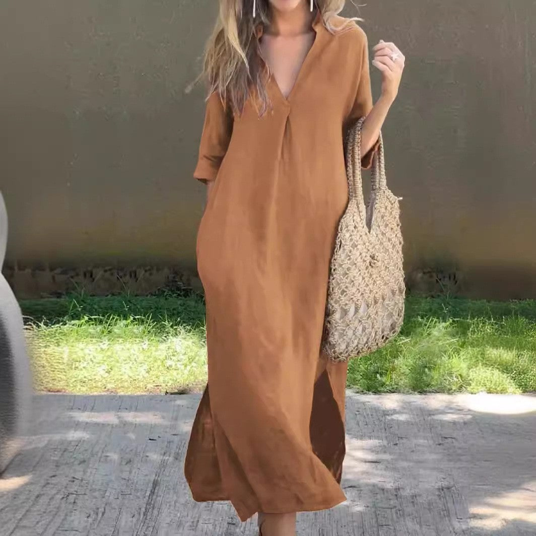 ALESSIA | ROBE EN LIN DÉCONTRACTÉE AVEC ENCOLURE EN V