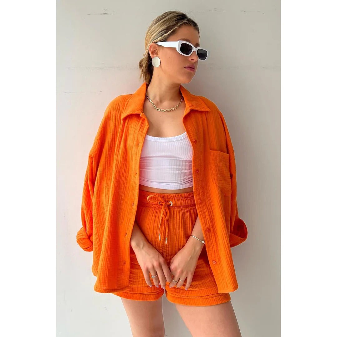 AVA | Ensemble Chambray chic â Haut fluide & short taille haute