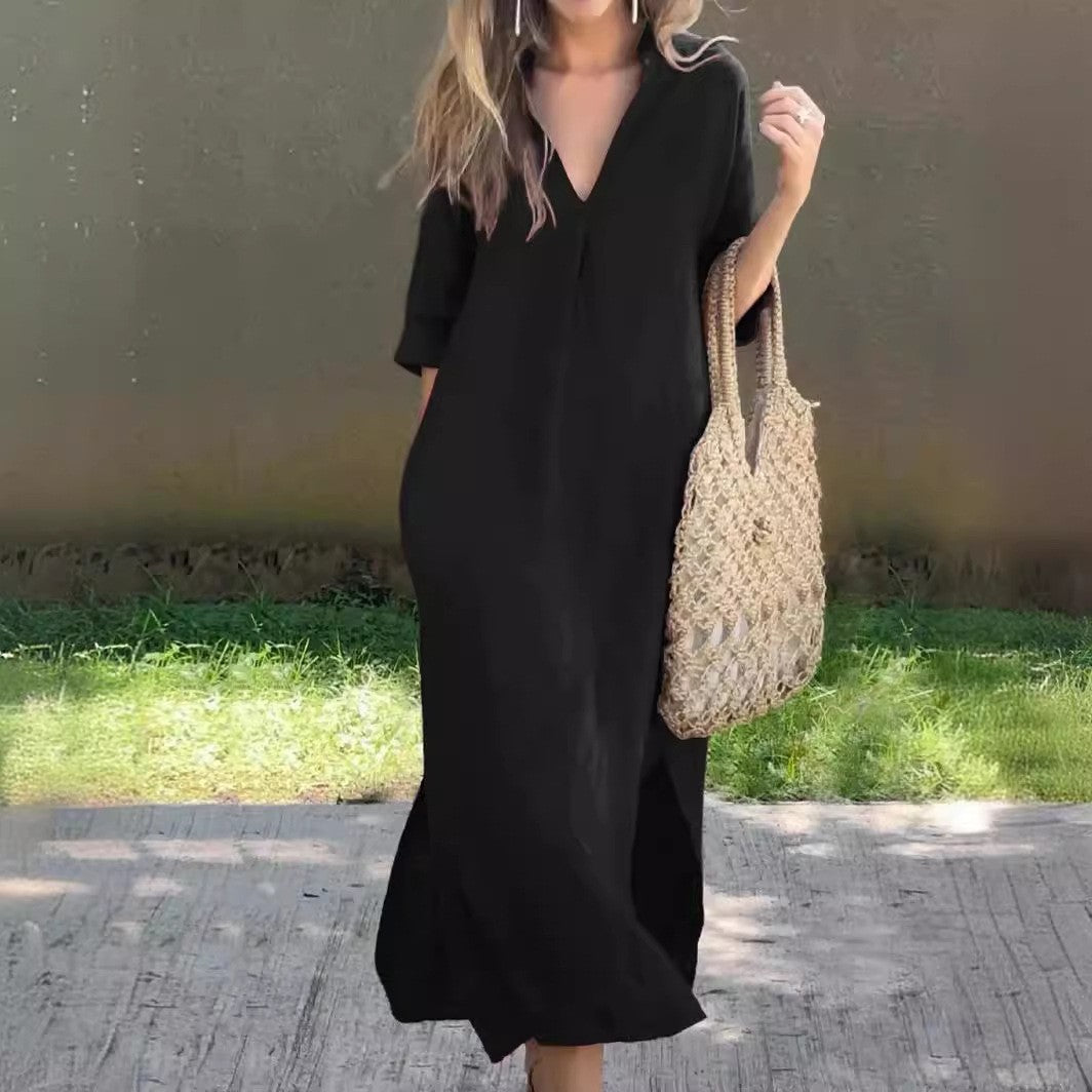 ALESSIA | ROBE EN LIN DÉCONTRACTÉE AVEC ENCOLURE EN V