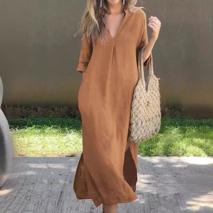 ALESSIA | ROBE EN LIN DÉCONTRACTÉE AVEC ENCOLURE EN V