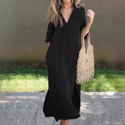 ALESSIA | ROBE EN LIN DÉCONTRACTÉE AVEC ENCOLURE EN V