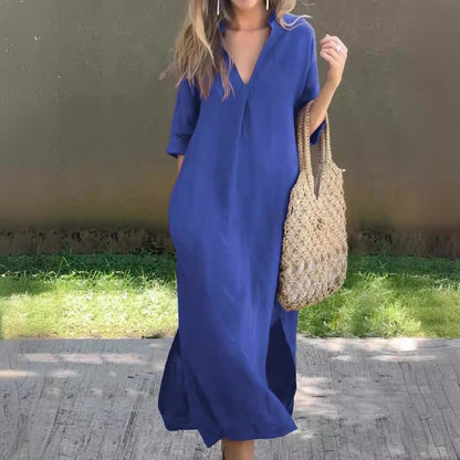 ALESSIA | ROBE EN LIN DÉCONTRACTÉE AVEC ENCOLURE EN V