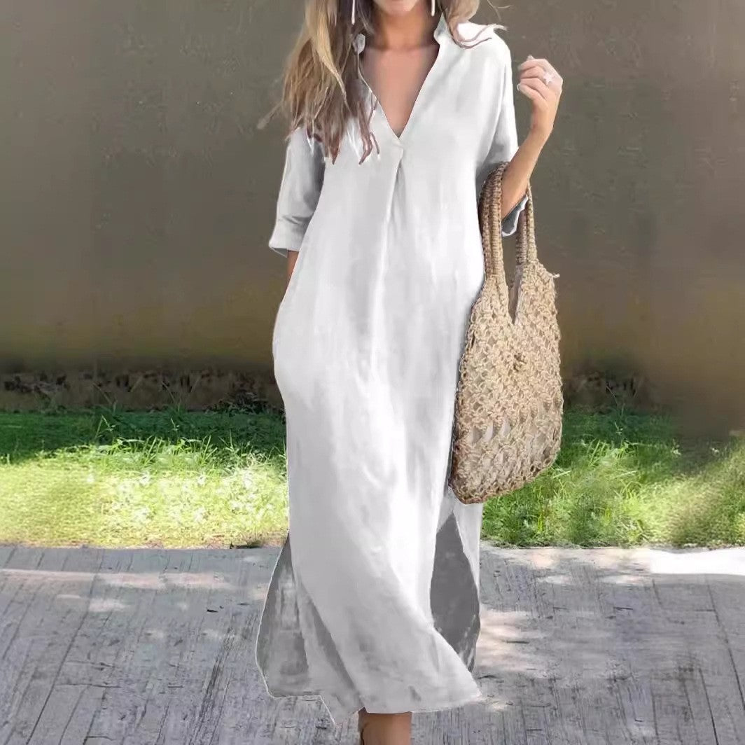 ALESSIA | ROBE EN LIN DÉCONTRACTÉE AVEC ENCOLURE EN V