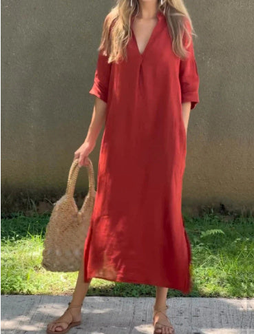 ALESSIA | ROBE EN LIN DÉCONTRACTÉE AVEC ENCOLURE EN V