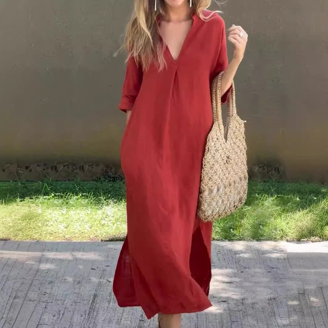 ALESSIA | ROBE EN LIN DÉCONTRACTÉE AVEC ENCOLURE EN V